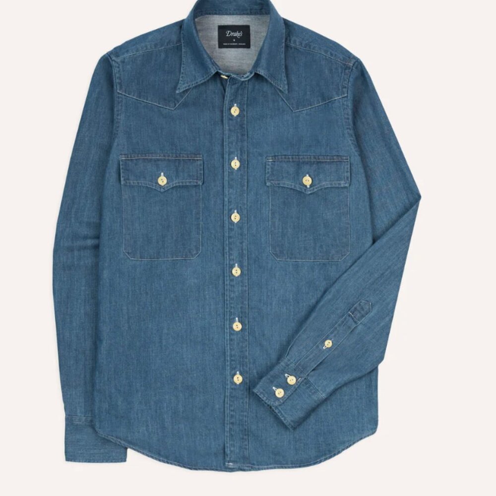 Drakes - Stone Wash Denim Two-Pocket Western Shirt - Size S